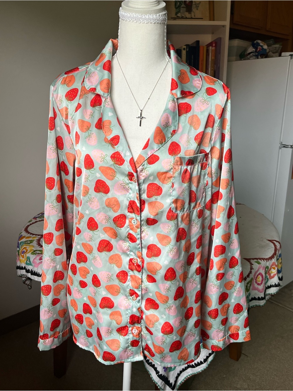 Serra Mint and Pink Strawberry Print Button-Down Shirt